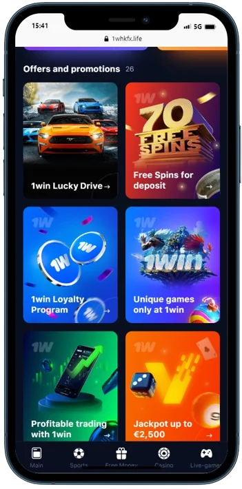A smartphone displaying 1Win online casino bonuses banners