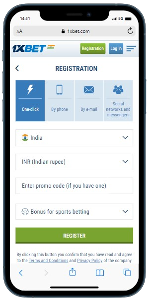 A smartphone displaying 1xBet online casino registration panel