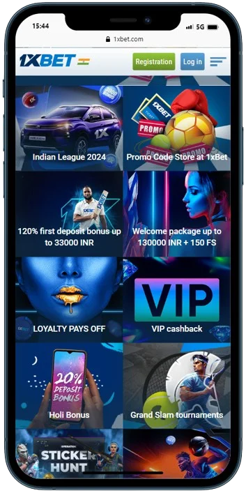 A smartphone displaying 1xBet online casino bonuses banners