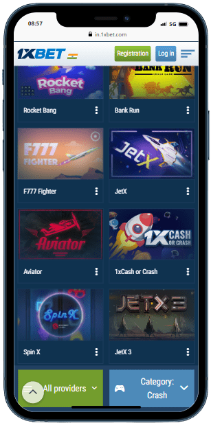 A smartphone showing games library of the 1xbet casino official website