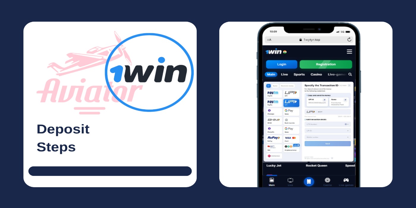 A phone showing all payment options on the 1Win casino site, and Aviator game logo