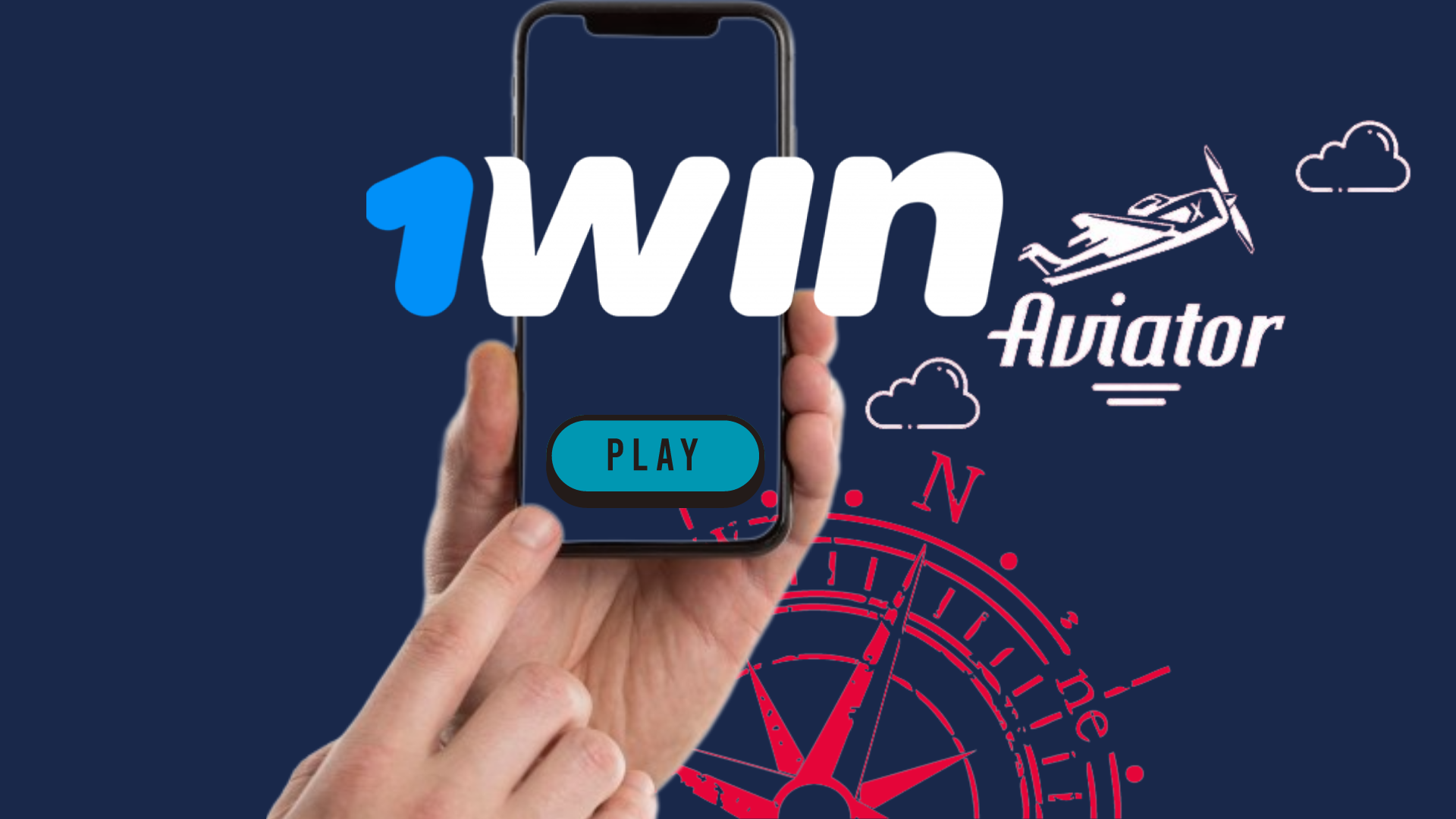 Logos of the Aviator game and 1Win casino, and a hand holding smartphone
