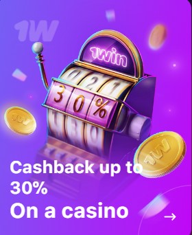 Promo banner of the casino with slot machine, coins and text 'Cashback up to 30%'