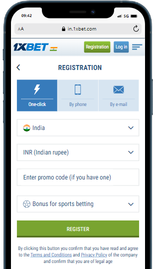 A smartphone displaying registration form by one click on the official site 1xbet