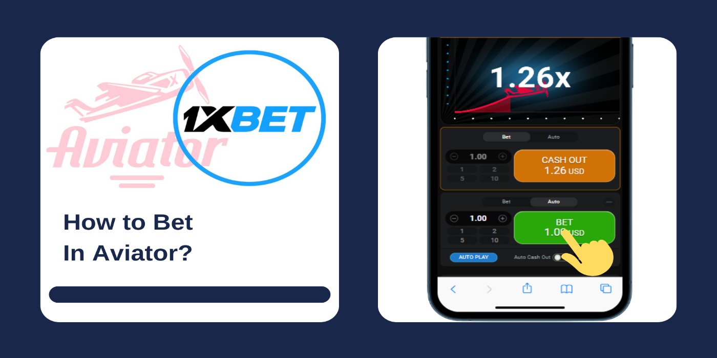 A smartphone displaying Aviator game interface with betting options, and 1xbet logo