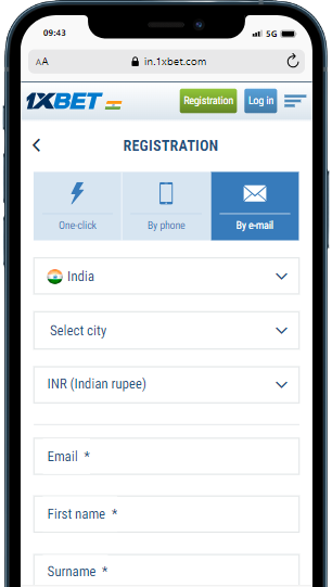 A smartphone displaying registration form by email on the 1xbet casino site