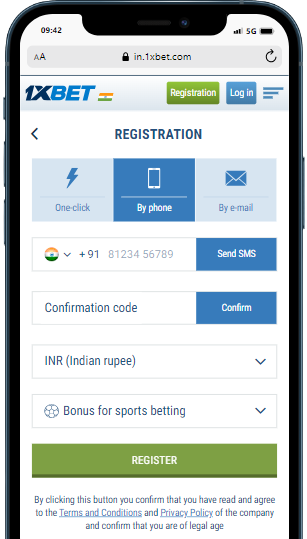 A smartphone showing registration panel by phone on the 1xbet casino site