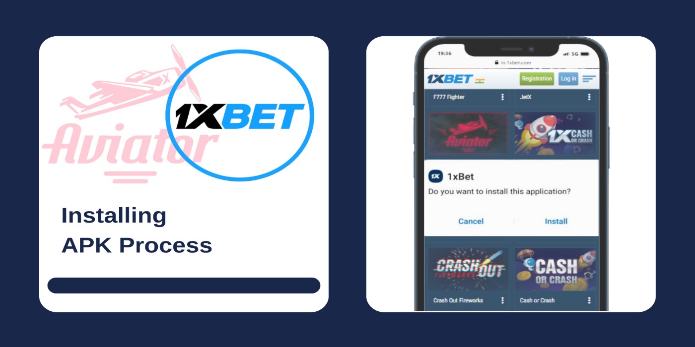 A smartphone showing games library of the 1xbet with popup window to install casino app