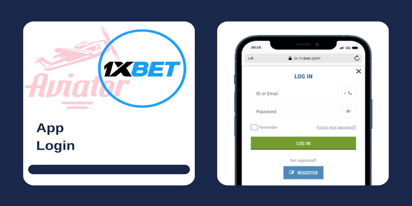 A smartphone showing login form of the casino, with Aviator game and 1xbet logos