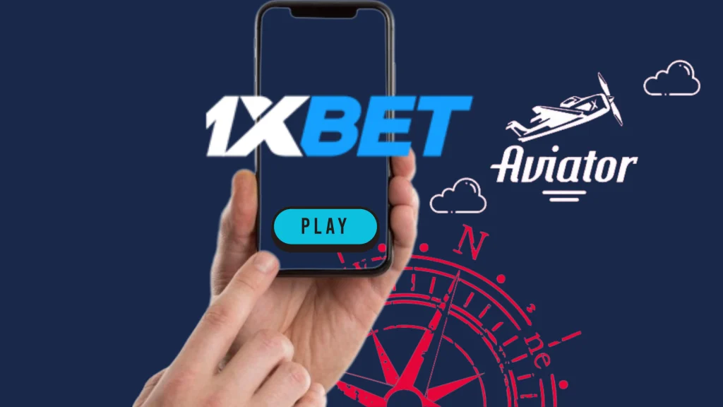 A person holding a smartphone in hand with 1Xbet logo and Aviator game logo