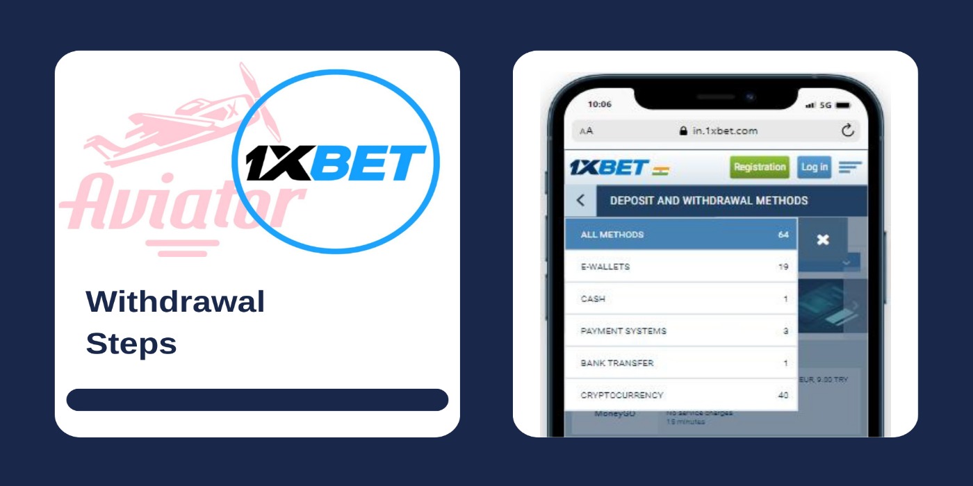 A smartphone displaying deposit and withdrawal methods page on the 1xbet site