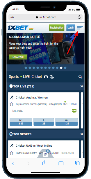 A smartphone displaying home page of the 1xbet casino, and arrow which points to burger menu