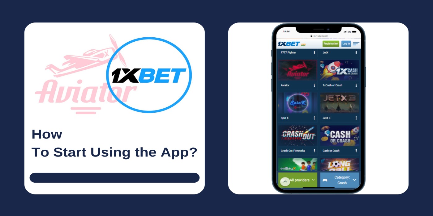 A smartphone displaying games library on the 1xbet site, and Aviator logo
