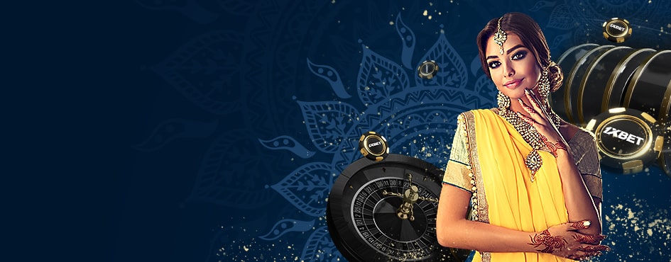 Promo banner of the 1xbet casino with woman in yellow saree, roulette and chips