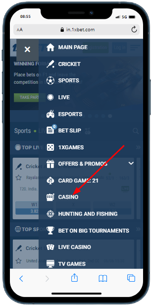 A smartphone showing burger menu of the 1xbet with red arrow which points 'Casino'