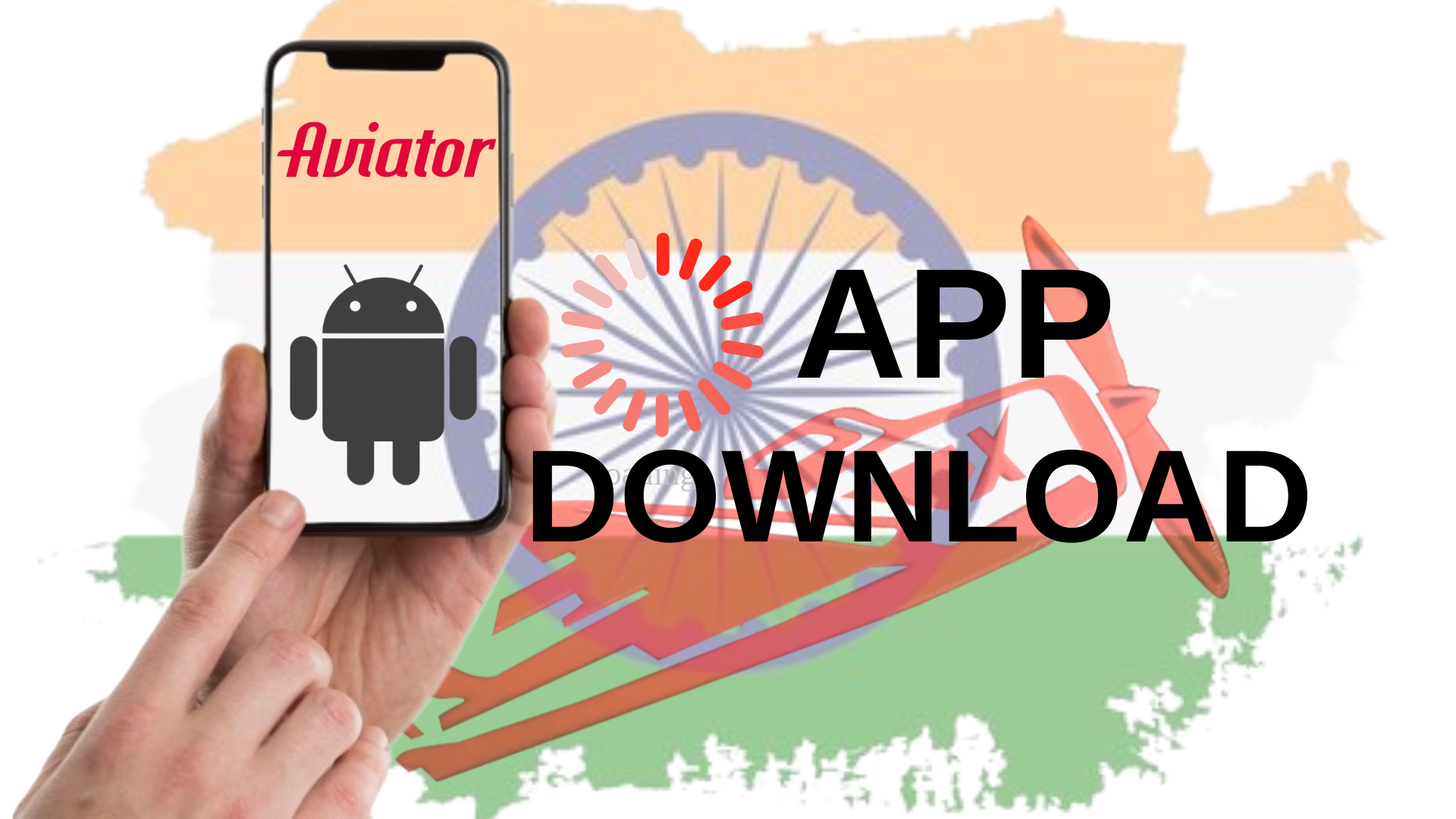 A hand holding a phone with the words aviator app downloaded on it android logo and plane
