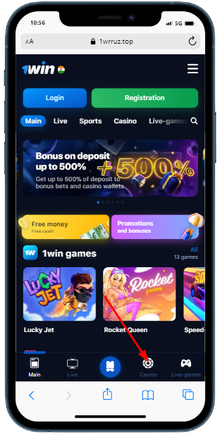 A smartphone showing home page of the 1Win with arrow which points for 'Casino'