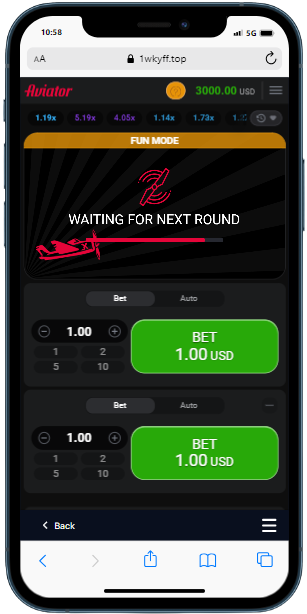 A smartphone displaying Aviator Fun version with increasing multiplier and betting options
 
