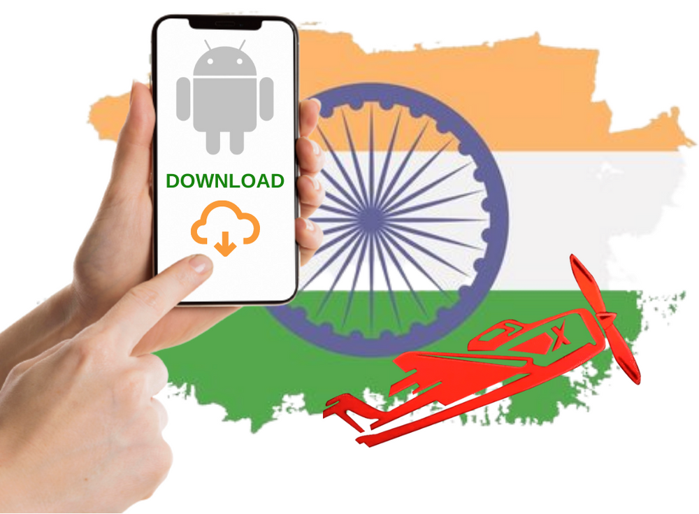 A hand holding a phone with the indian flag in the background and aviator game download

