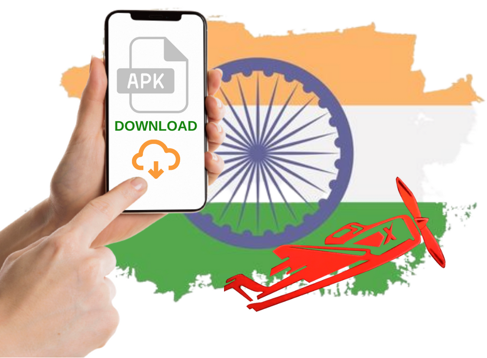 Hand holding phone with Aviator APK file for download and Indian flag in background