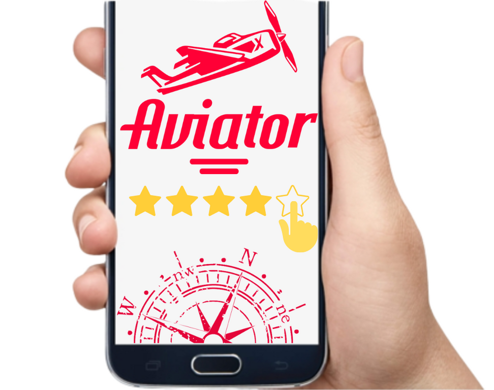 A hand holding smartphone which is showing Aviator game logo with five stars