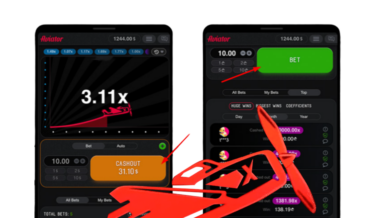 Two smartphones displaying Aviator game interface with options to Bet and Cashout