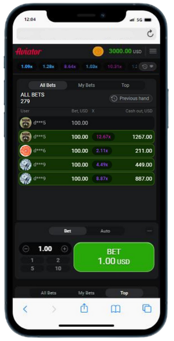 A cell phone with a betting app aviator on the screen showing all bets tab

