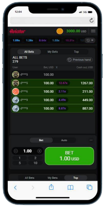 A smartphone with an Aviator game on the screen showing all bets tab
