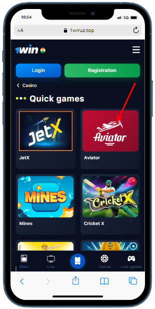 A cell phone with a game app on the screen and pointing to aviator game

