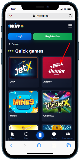 A smartphone showing games library on the 1Win site with arrow which points to Aviator

