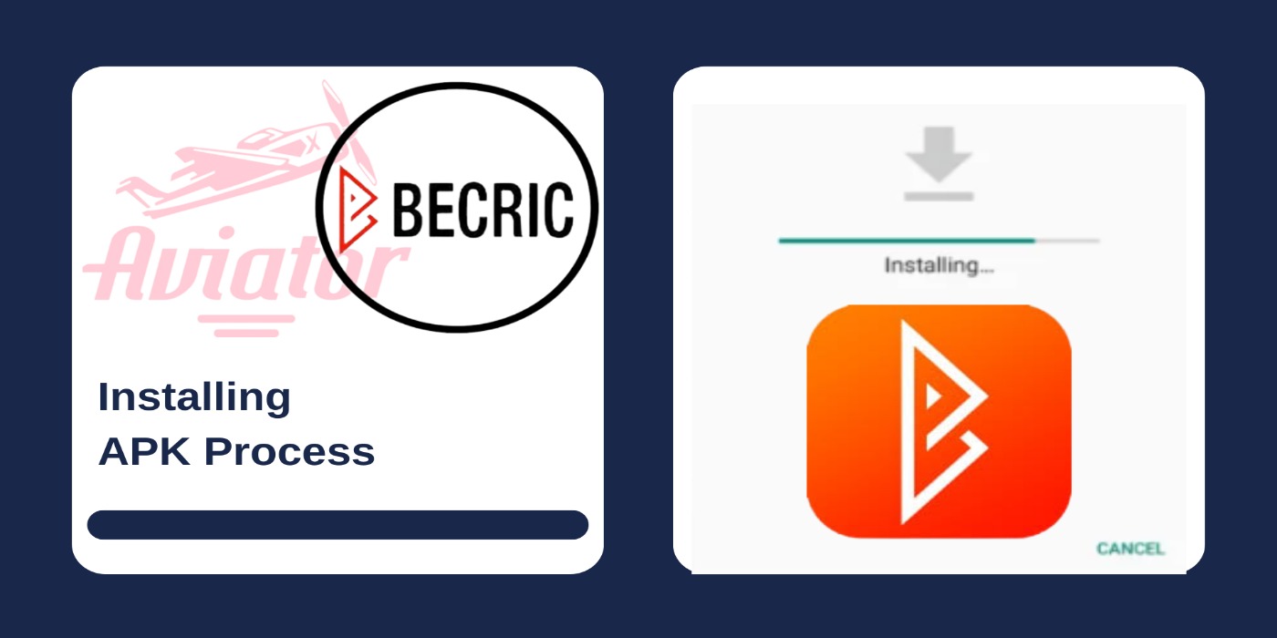 First picture showing Aviator and Becric logos, and second - installing casino app