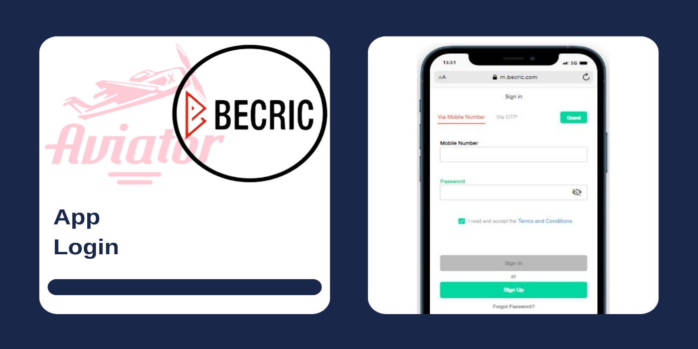A smartphone showing login panel of the Becric casino, and Aviator game logo