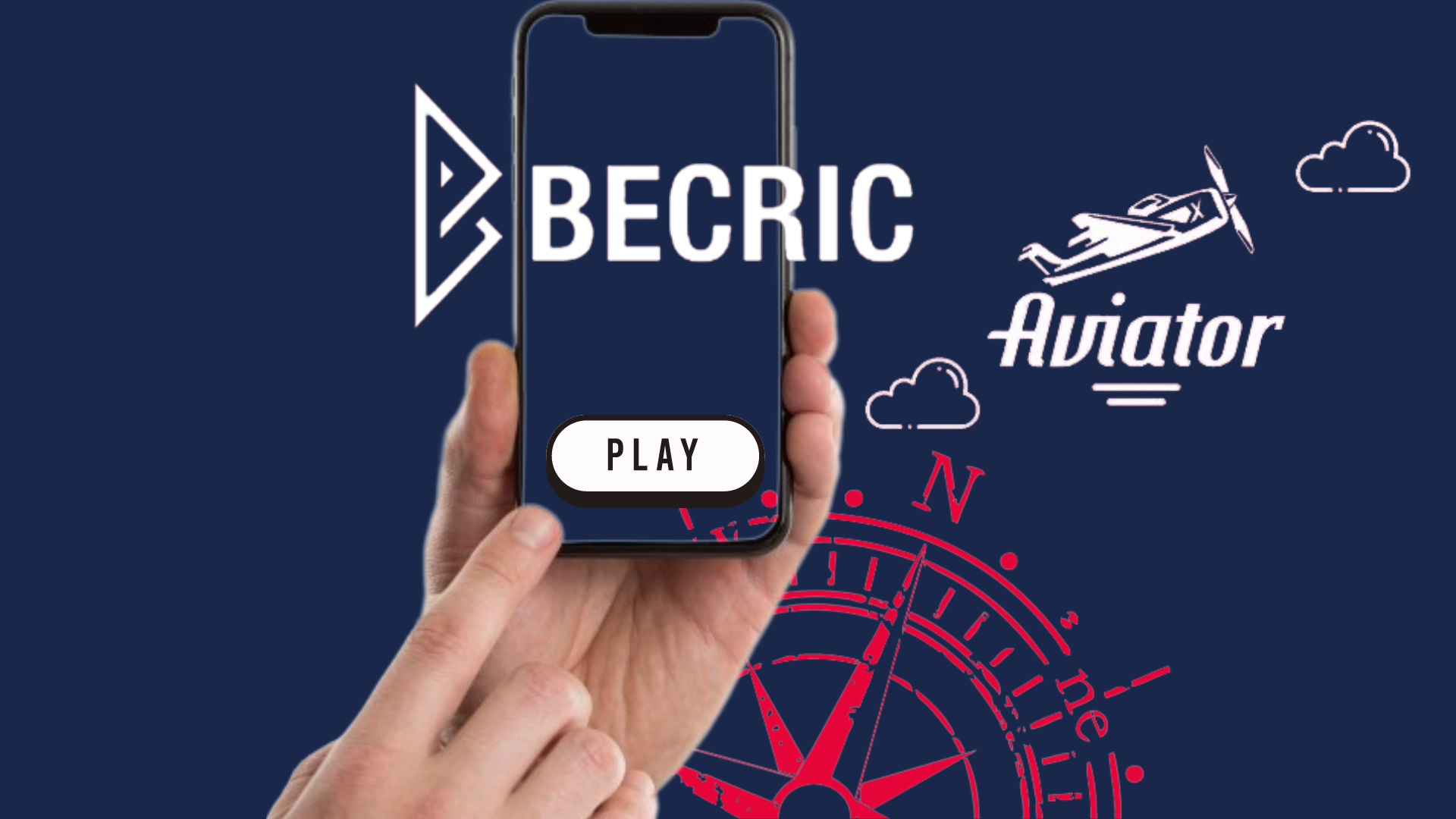A person holding a smart phone in their hand and becric aviator app logo

