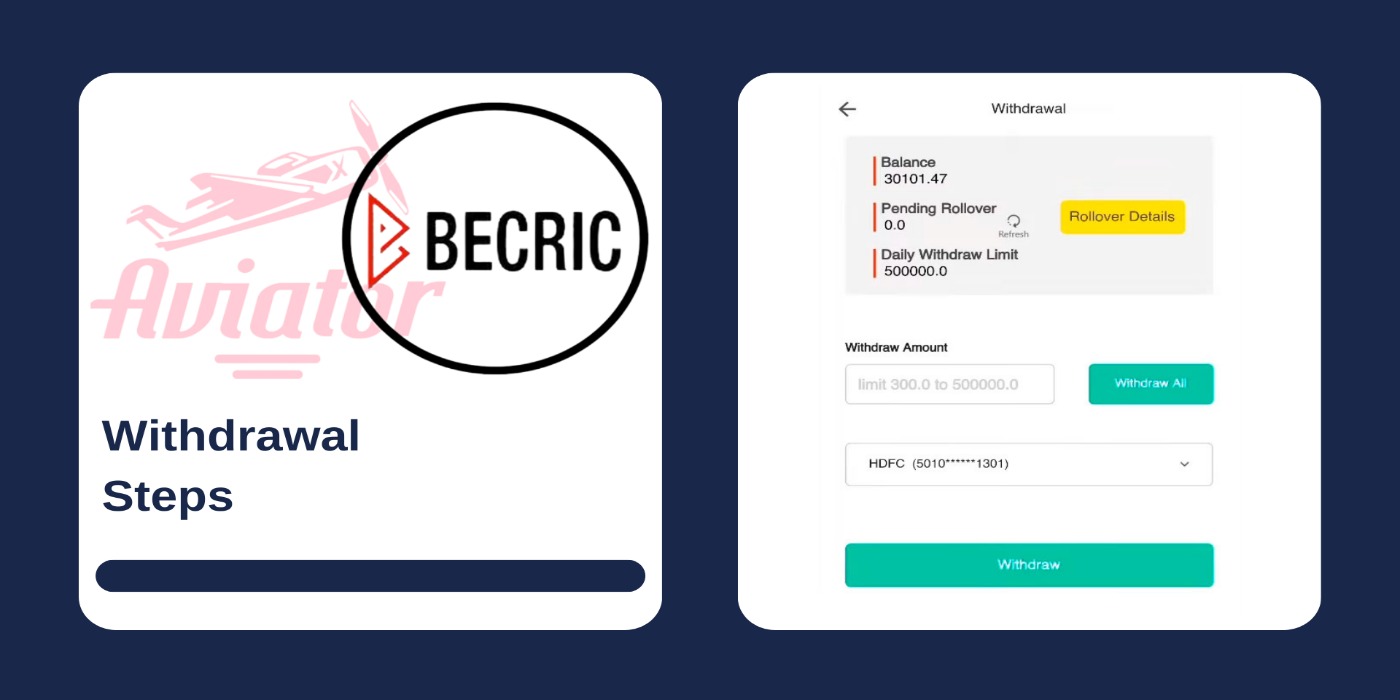 A screenshot of the casino withdrawal panel, and Aviator game and Becric logos