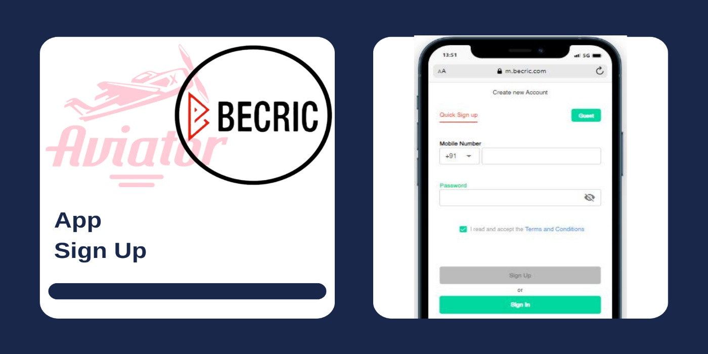 First picture showing Aviator and Becric logos with text, and second - sign up form