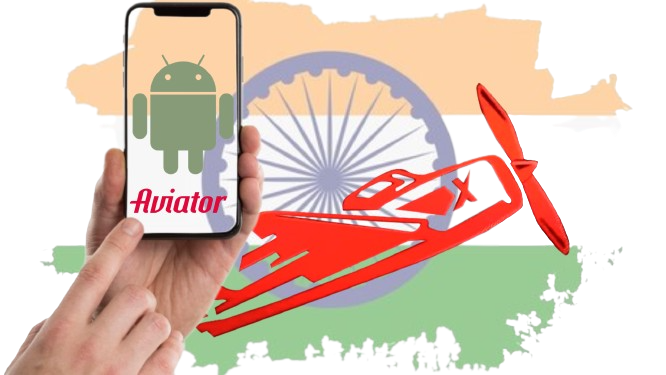 A hand holding an Android phone with Aviator logo and Indian flag in the background
