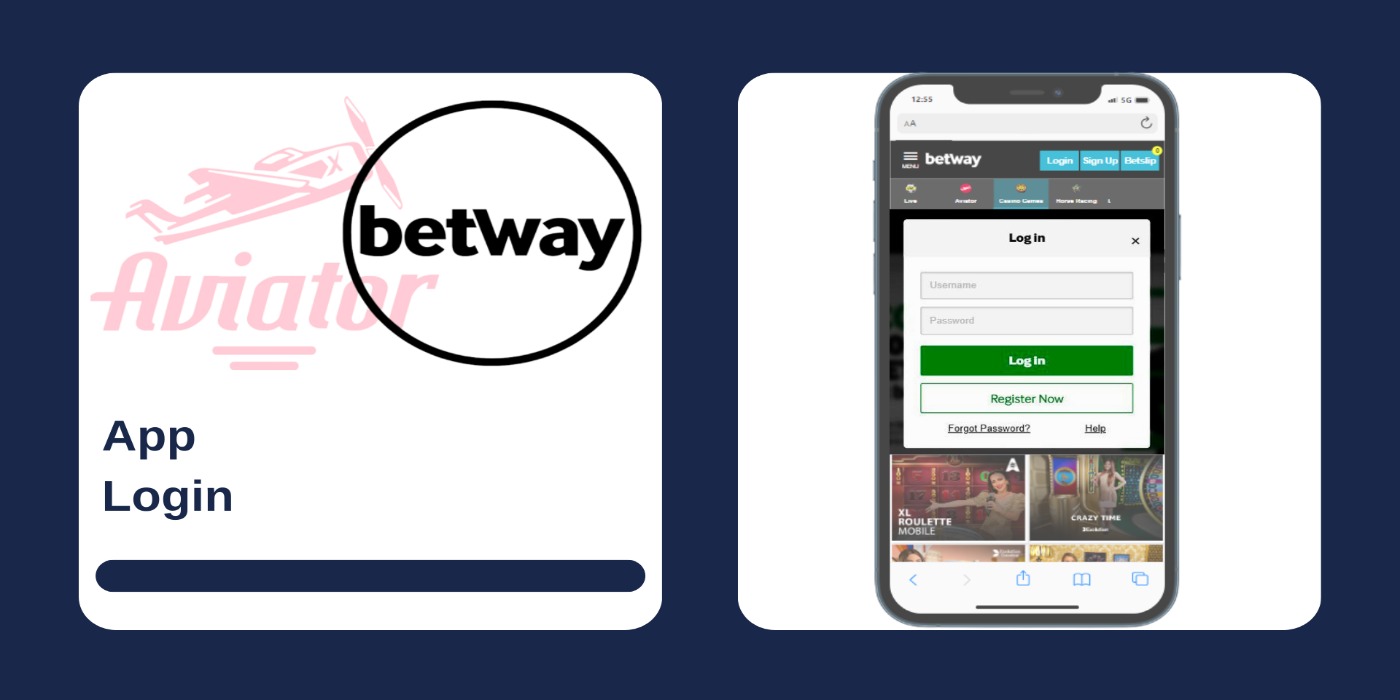 A smartphone showing login panel on the casino site, with Betway and Aviator logos