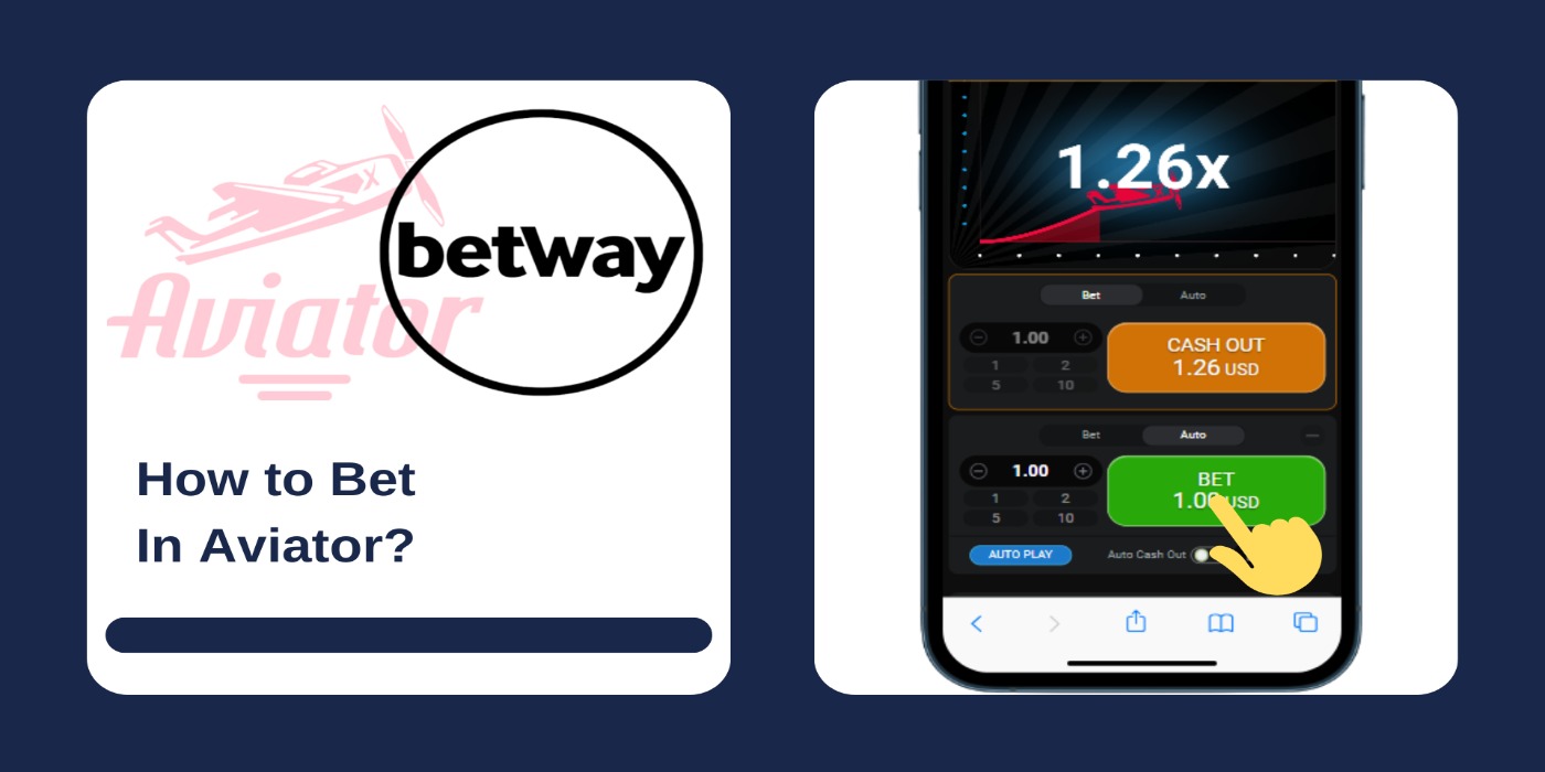 A smartphone showing Aviator game interface with betting options, and Betway logo