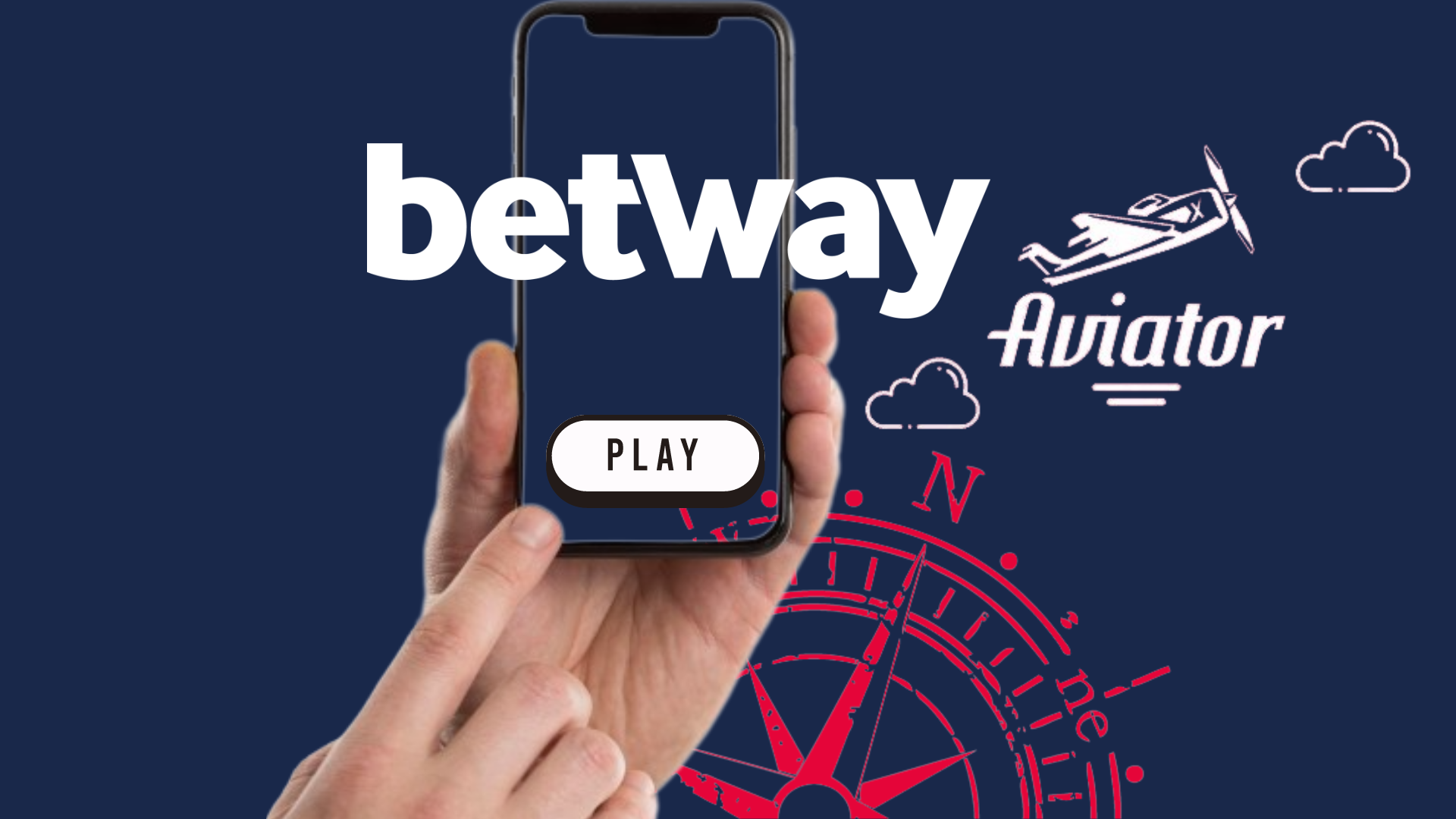 a hand holding the phone with text betway on it and aviator betway app game logo