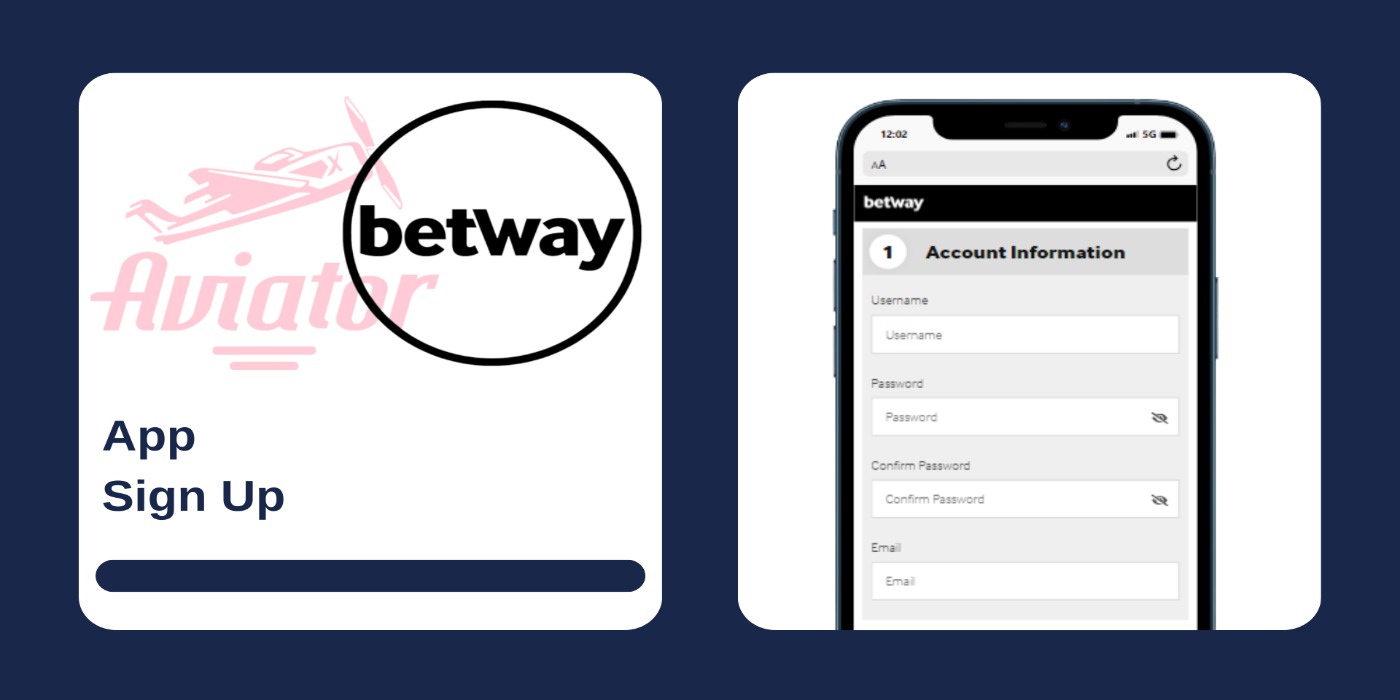 A smartphone displaying sign up form with account data on the Betway site, and Aviator logo