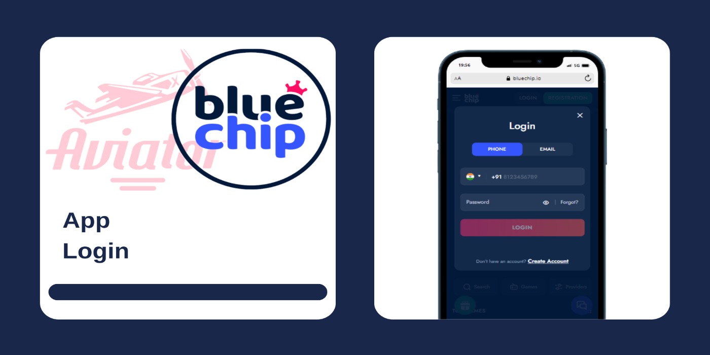 A smartphone showing login panel on BlueChip website, and Aviator game logo