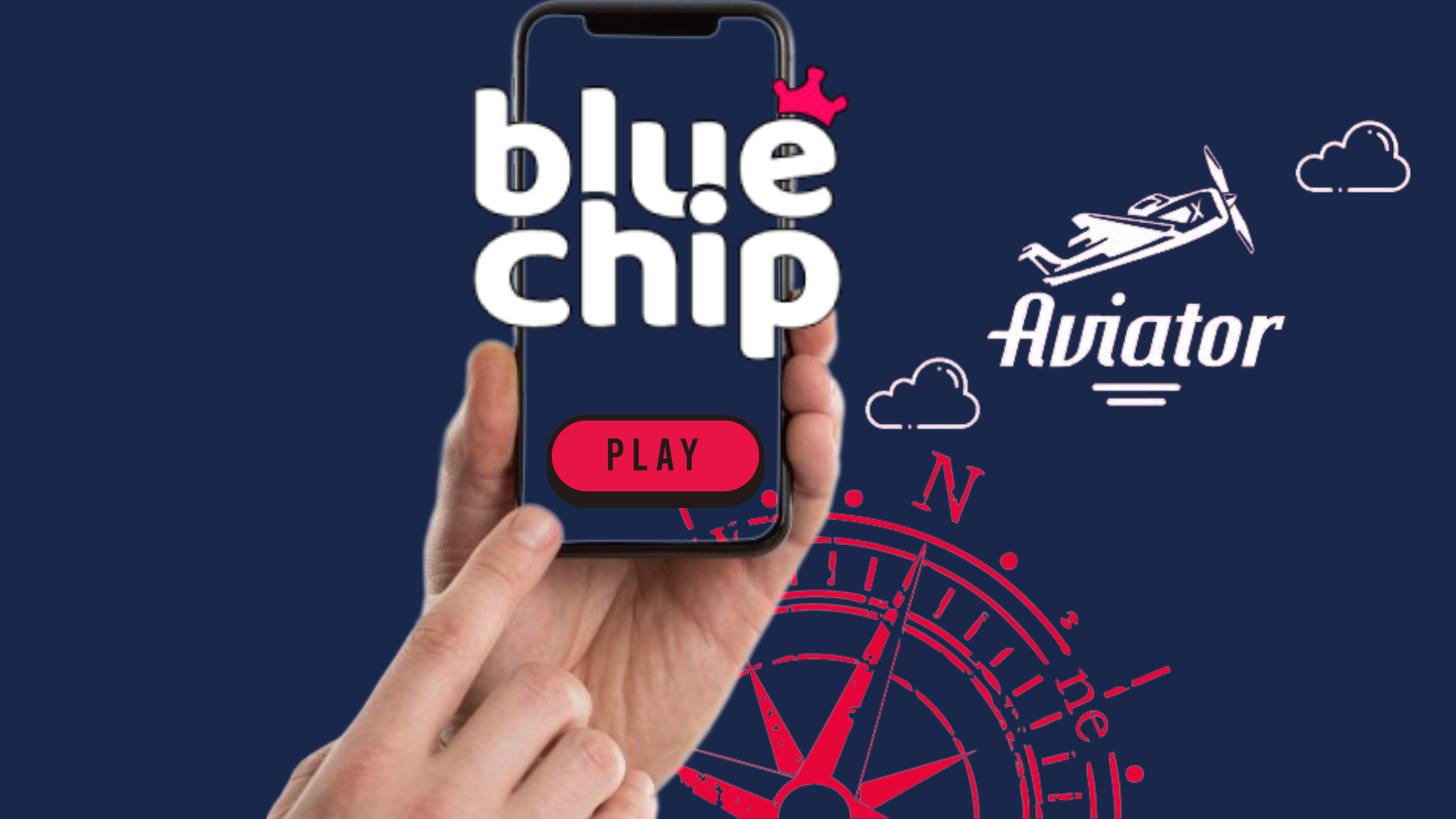 Logos of the Aviator game and BlueChip casino, and a hand holding phone