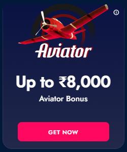 Aviator game logo with pink button and bonus text