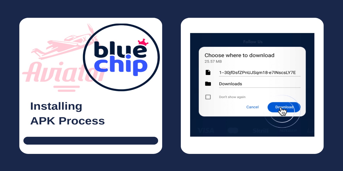 First picture showing Aviator and BlueChip logos, and second - panel for downloading APK