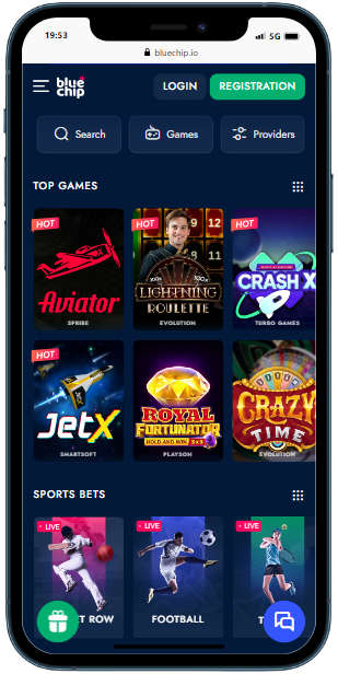 A smartphone showing games library on the official website of the BlueChip casino