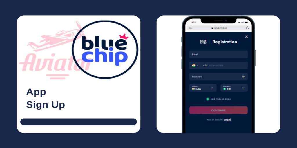 A picture of a phone with a Bluechip app on the screen and sign up form

