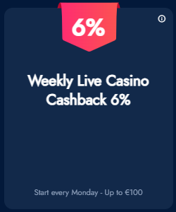 Casino promo offer with text '6% weekly live cashback' on the blue background