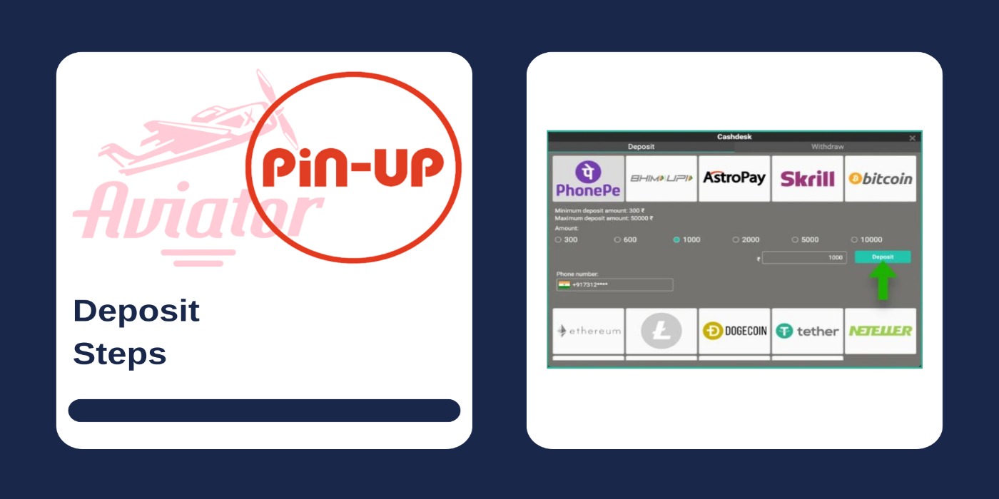 First picture showing Aviator and Pin Up logos, and second - deposit payment options