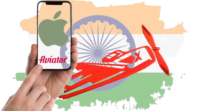 A hand holding an iOS phone with Aviator logo and Indian flag in the background