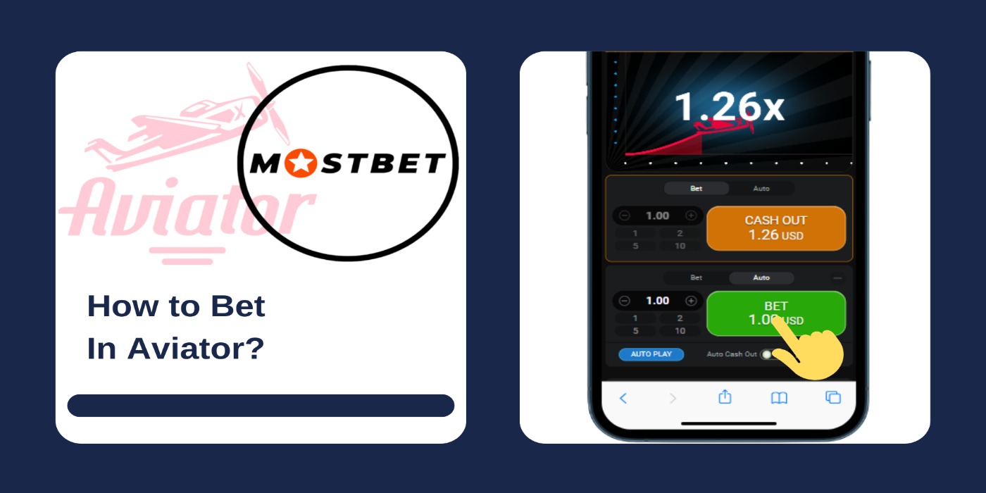 A smartphone showing Aviator game interface with betting options, and Mostbet logo